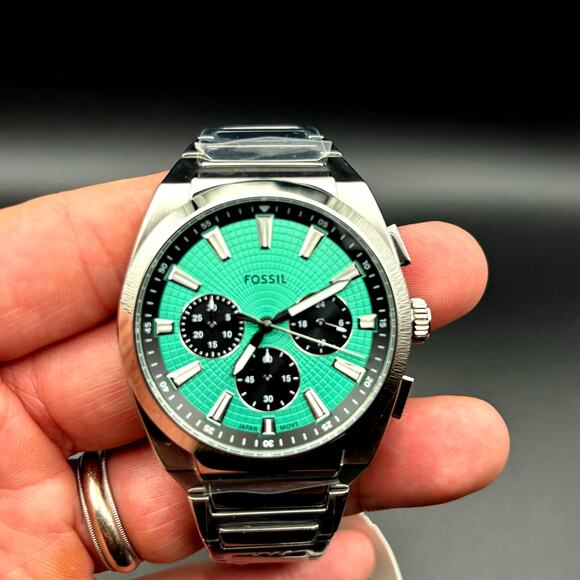 Fossil Mens FS6117 Everett Chronograph 44mm Stainless Steel Turquoise Dial NIBWT - Picture 7 of 17